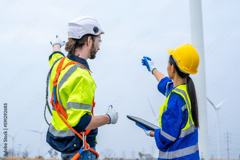 Poster Engineer working and maintenance in wind turbine,Power generation Saving and using renewable energy concept.