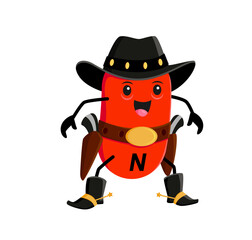 Cartoon vitamin N cowboy character from western, vector Wild West ranger. Funny cute vitamin N from cowboy saloon with handgun or shotguns in bandoleer, kids Western ,multivitamin cartoon mascot