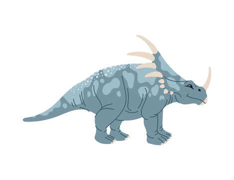 Dinosaur cartoon prehistoric horned animal, isolated dino cartoon character. Vector kind triceratops, dino of jurassic period, herbivorous dinosaur
