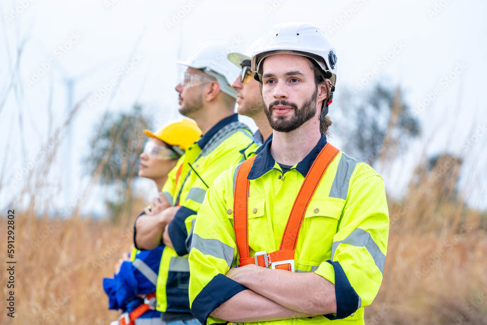 Poster maintenance engineer man working in wind turbine farm,wind turbine operations that transform wind en