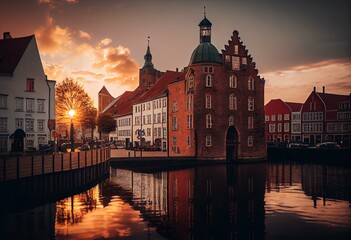 Fototapeta na wymiar Die Altstadt von Wismar mit Hafen bei Sonnenuntergang. Generative AI