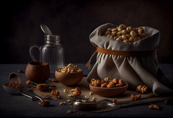 Obraz na płótnie Canvas a bag of nuts sitting on top of a table next to a bowl of nuts and a spoon of nuts on a table top of a cloth. generative ai