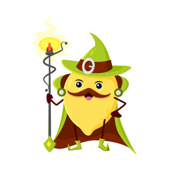 Cartoon ripe lemon fruit wizard or magician character. Funny vector sorcerer, magic personage in witch hat with staff. Smiling mustached citrus wiz with cute face. Tropical fruit enchanter necromancer