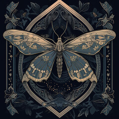 Decorative butterfly, moth in art deco style with golden elements. Generative AI technology.