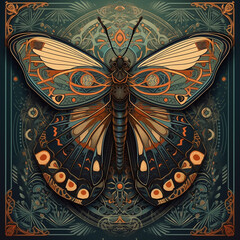 Decorative butterfly, moth in art deco style with golden elements. Generative AI technology.