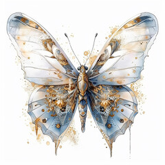 Watercolor decorative butterfly, moth in art deco style with golden elements. Generative AI technology.