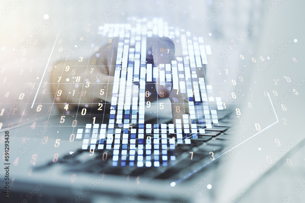 Aufkleber double exposure of creative bitcoin symbol with hands typing on laptop on background. cryptocurrency