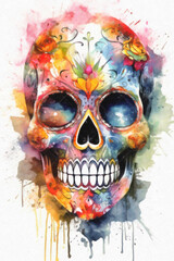 Watercolor illustration of a sugar skull with colorful splashes on a white background. Ai generative