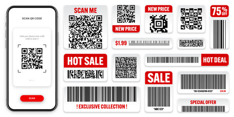 Product barcodes and QR codes. Smartphone application, scanner app. Sale stickers, discount label or promotional badge. Serial number, product ID. Store, supermarket scan labels. Vector illustration