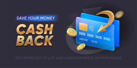 Cashback banner displaying cards, coins, and arrows representing money refund offers. Vector financial promotion background for websites or money save apps, cash back programs for shopping sales