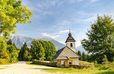 A beautiful church in Slovenia. Sunny day welcoming people to visit.
