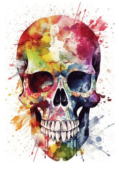 Watercolor illustration of a sugar skull with colorful splashes on a white background. Ai generative