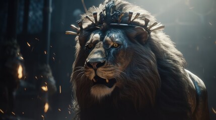 Wild lion wearing a red cloak. Big cat. Generative AI