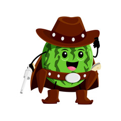 Cartoon watermelon fruit cowboy, sheriff, ranger and bandit character. Vector wild west ripe juicy hero wear hat and boots holding pistols. Western personage healthy food, horseman vitamin stockrider