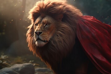 Fototapeta premium Wild lion wearing a red cloak. Big cat. Generative AI