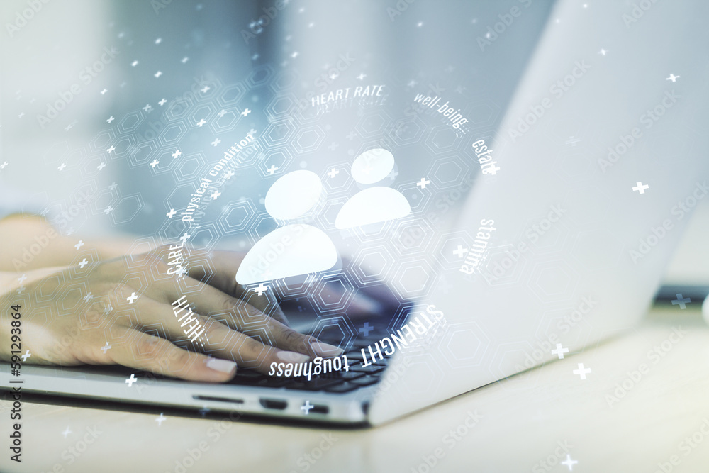 Poster creative abstract people icons hologram and hands typing on computer keyboard on background, life an