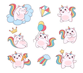 Cartoon cute caticorns, funny unicorn cats and kittens with rainbow tails, vector characters. Cheerful caticorns with princess crown, balloons or rainbow dream clouds and magic wand for kids design