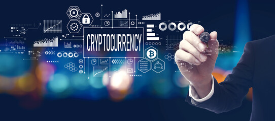 Cryptocurrency theme with businessman in a city at night