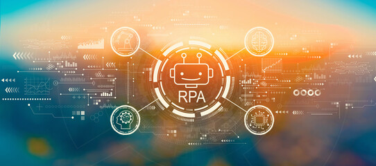 Robotic Process Automation RPA theme with blurred cityscape at sunset or sunrise