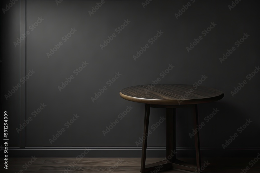 Poster dimly lit round wooden table in a mysterious setting. generative ai