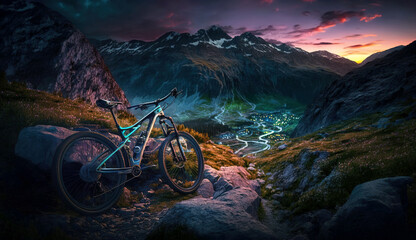 Bike on mountain trail at sunset, sports bicycle in rocky landscape, generative AI.