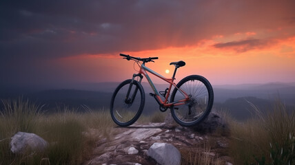 Fototapeta na wymiar Bike on mountain trail at sunset, landscape with sports bicycle, generative AI.
