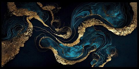 deep ocean swirls blue print with iridescent gold iridescent swirls background Generative AI