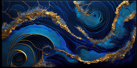 deep ocean swirls blue print with iridescent gold iridescent swirls background Generative AI - obrazy, fototapety, plakaty
