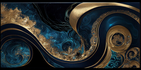 deep ocean swirls blue print with iridescent gold iridescent swirls background Generative AI