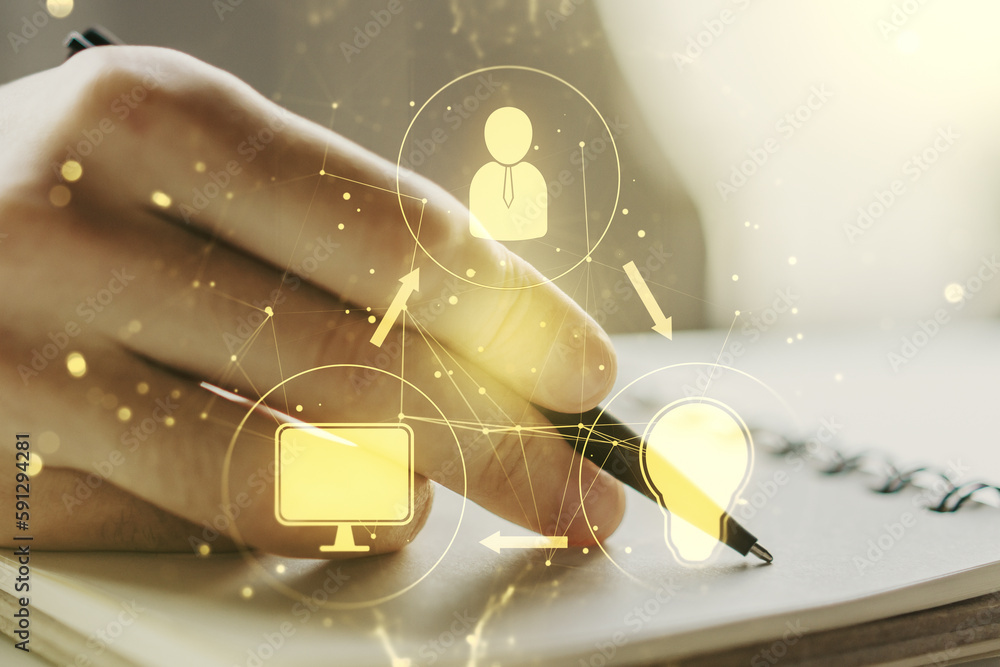 Poster double exposure of social network icons concept with man hand writing in notebook on background. mar