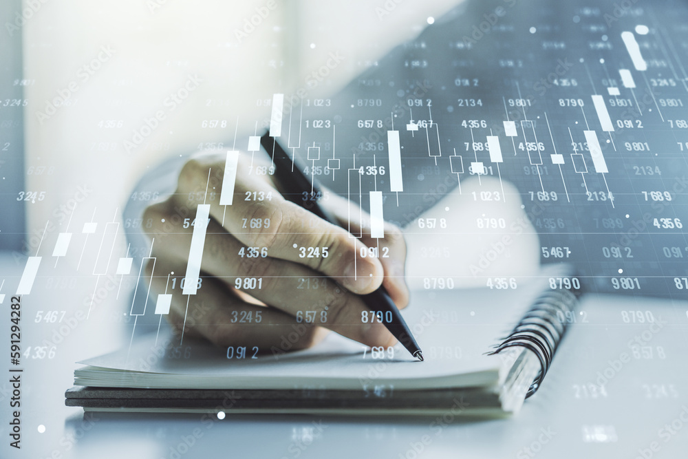 Poster multi exposure of abstract statistics data hologram interface with man hand writing in notepad on ba