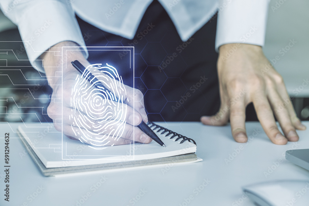 Poster abstract creative fingerprint illustration with hand writing in diary on background with laptop, per