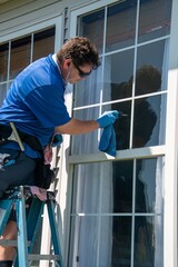 Fototapeta premium A Caucasian man on a ladder wearing blue latex gloves washing the outside of a house window with a cloth