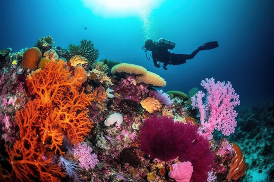 A stunning, underwater image of a scuba diver exploring a colorful coral reef, surrounded by a variety of marine life and crystal-clear waters. Generative AI.