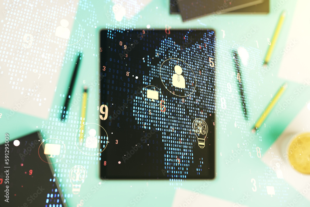 Poster double exposure of social network icons concept with world map and modern digital tablet on backgrou