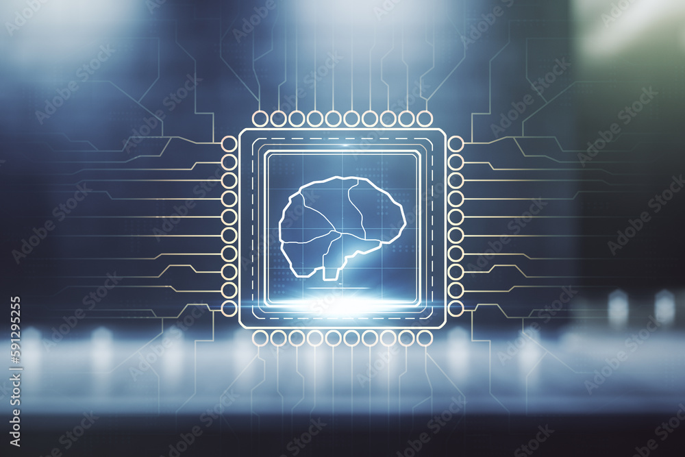 Poster double exposure of creative artificial intelligence interface on modern business center exterior bac