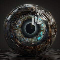 Cybernetic lens in a stylized robotic eye, with metallic reflections and glowing circuits. High-tech AI concept. AI Generative.