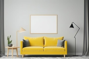Modern composition of living room interior with yellow sofa, mock up poster without text, on white background, plants and personal accessories in home decor. ai generated.