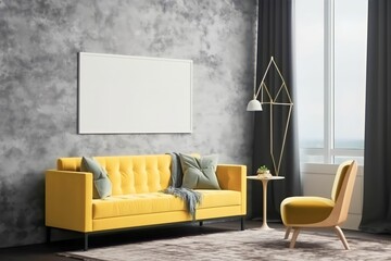 Modern composition of living room interior with yellow sofa, mock up poster without text, on grey background, plants and personal accessories in home decor. ai generated.