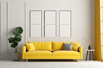 Modern composition of living room interior with yellow sofa, six mock up posters without text, on white background, plants and personal accessories in home decor. ai generated.