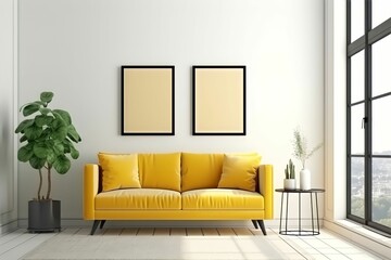 Modern composition of living room interior with yellow sofa, two mock up posters without text, on white background, plants and personal accessories in home decor. ai generated.