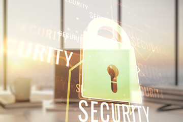 Creative lock sketch with chip hologram on modern laptop background, protection of personal data concept. Multiexposure