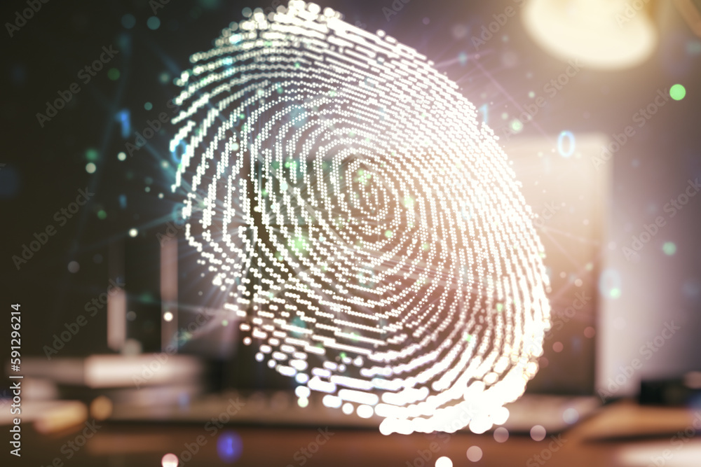 Poster abstract creative fingerprint illustration on modern computer background, personal biometric data co