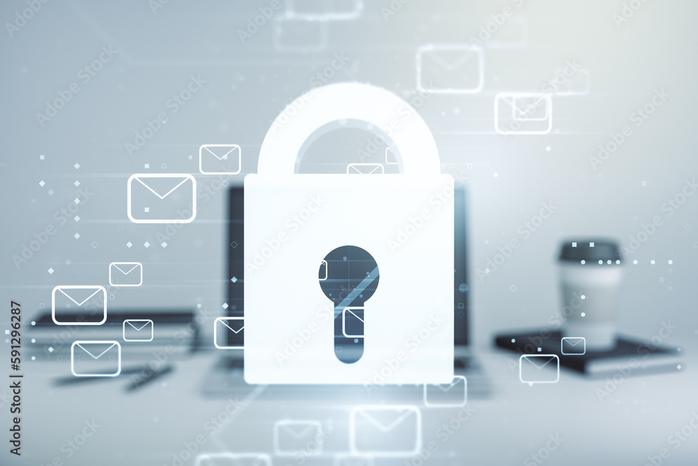 Poster double exposure of creative lock hologram with email symbols on laptop background. information secur