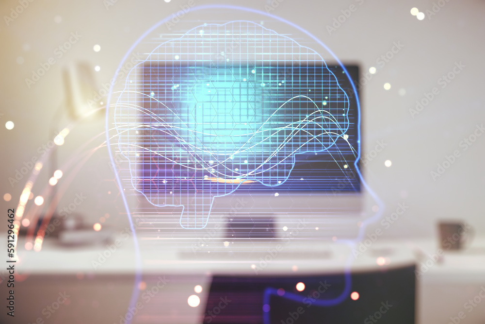 Aufkleber double exposure of creative human head microcircuit with computer on background. future technology a