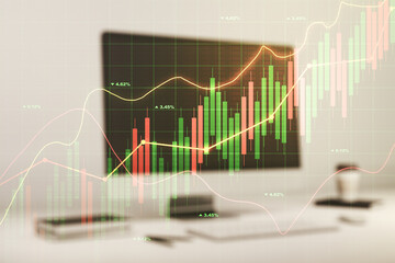 Multi exposure of abstract creative financial graph on modern computer background, forex and investment concept