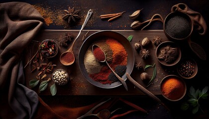 Set of variety of spices and herbs on dark wooden board. Horizontal stone background. Generative AI illustration