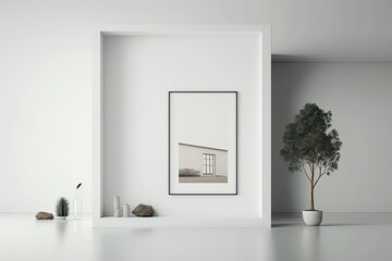 minimalist white room with a green plant and a framed artwork on the wall. Generative AI