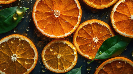 close-up of orange oranges and tangerines in water drops. Created by AI.
