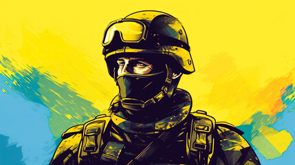 Illustration of a brave Ukrainian soldier, generative AI.